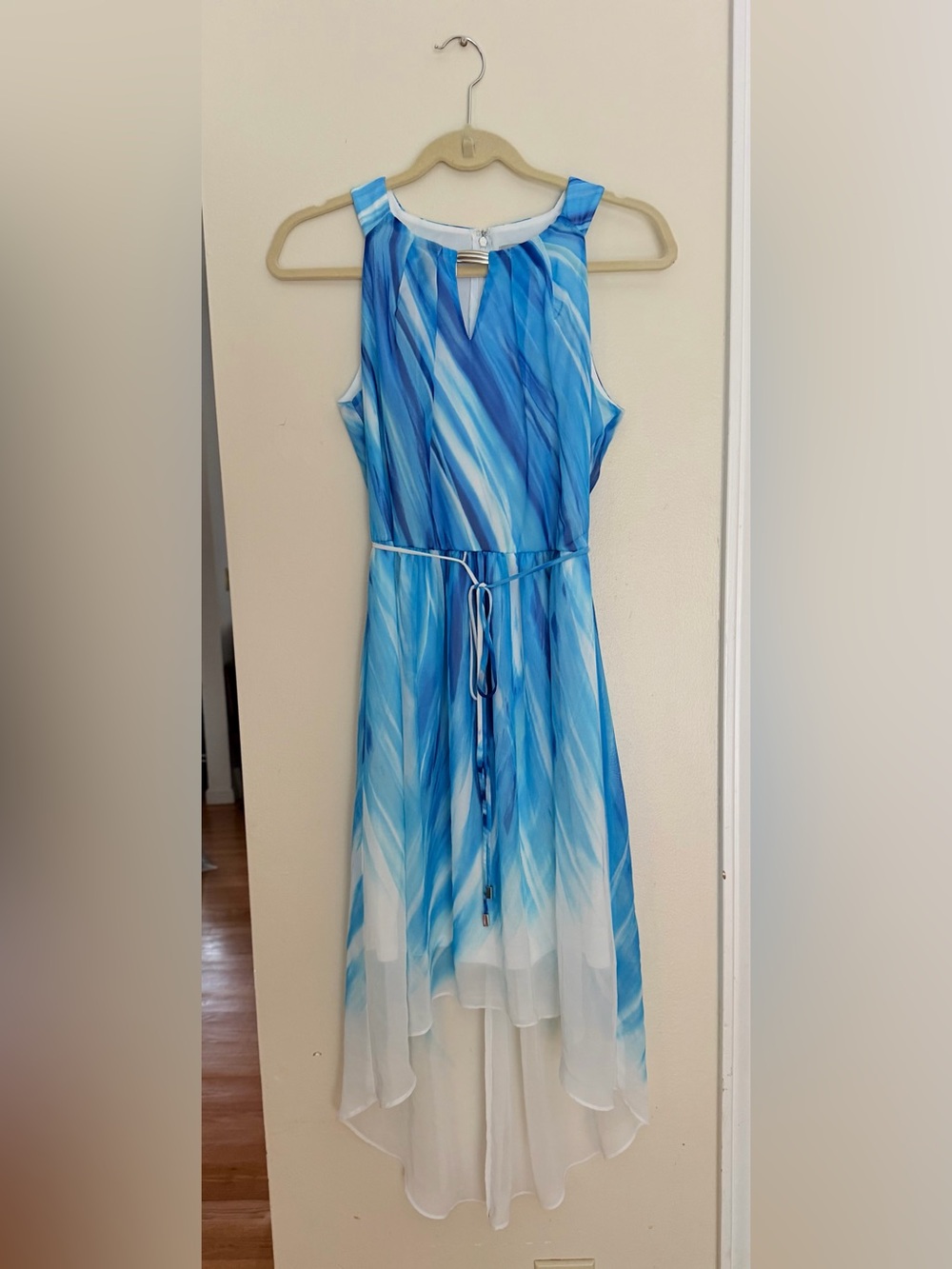 Sandra Darren Blue Striped Hi-Low Chiffon Dress
